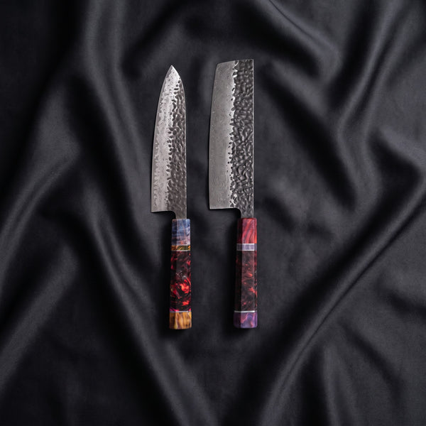 Hotaru Knife Duo (Gyuto & Nakiri) · the full set on black silk