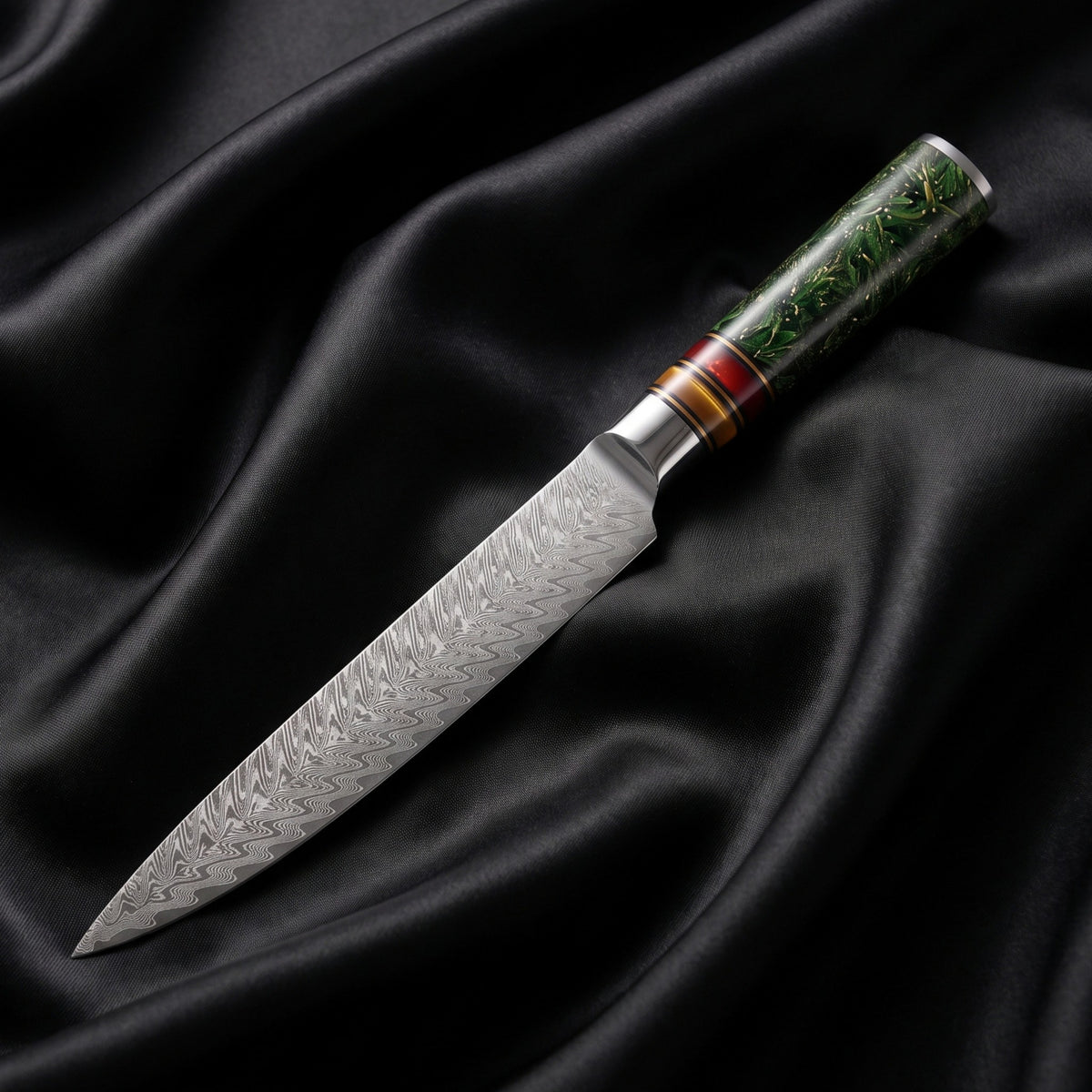 Matsuba Sujihiki Slicing Knife · full blade on black silk