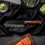 Kitae 6-Piece Knife Set · 5 in Santoku All-Purpose Knife on the cutting board