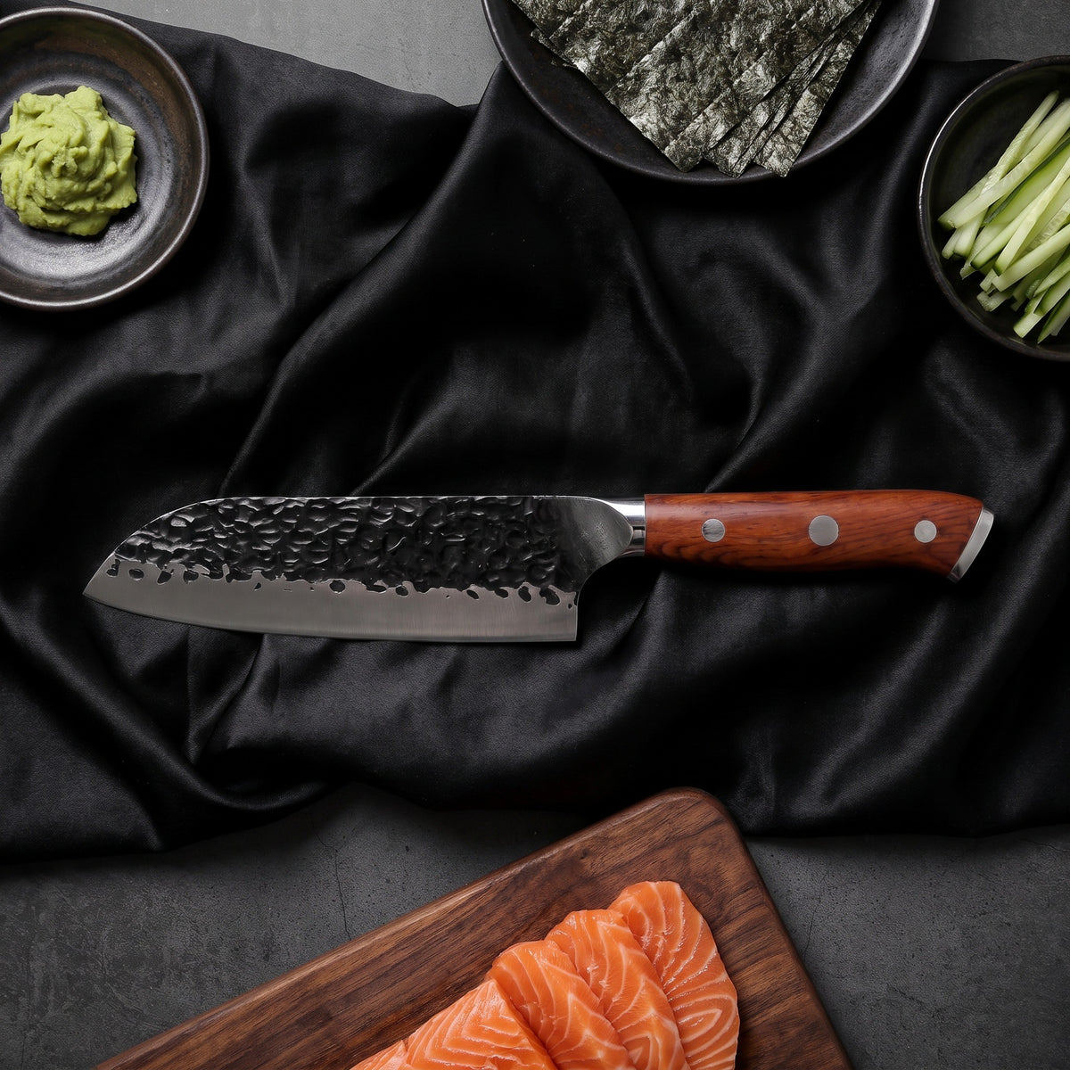 Kitae 6-Piece Knife Set · 5 in Santoku All-Purpose Knife on the cutting board