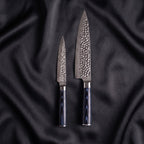 Konpeki Knife Duo (Gyuto & Utility) · the full set on black silk