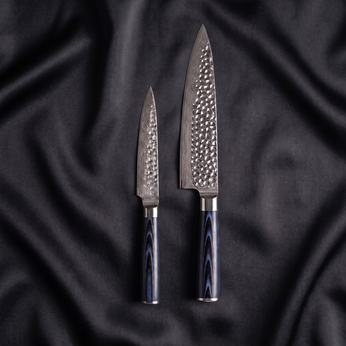 Konpeki Knife Duo (Gyuto & Utility) · the full set on black silk
