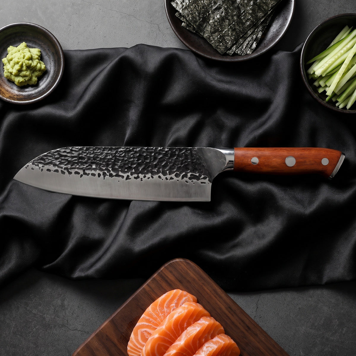 Kitae 6-Piece Knife Set · 7 in Santoku All-Purpose Knife on the cutting board
