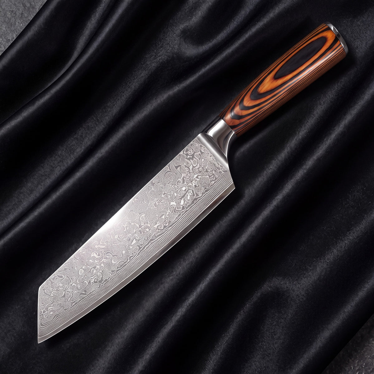 Yuhi Kiritsuke Chef-Slicer Knife · full blade on black silk