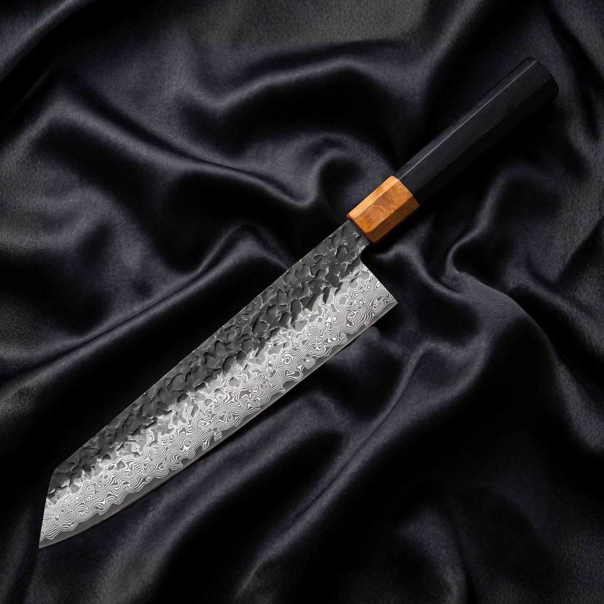 Sumie Kiritsuke Chef-Slicer Knife · full blade on black silk