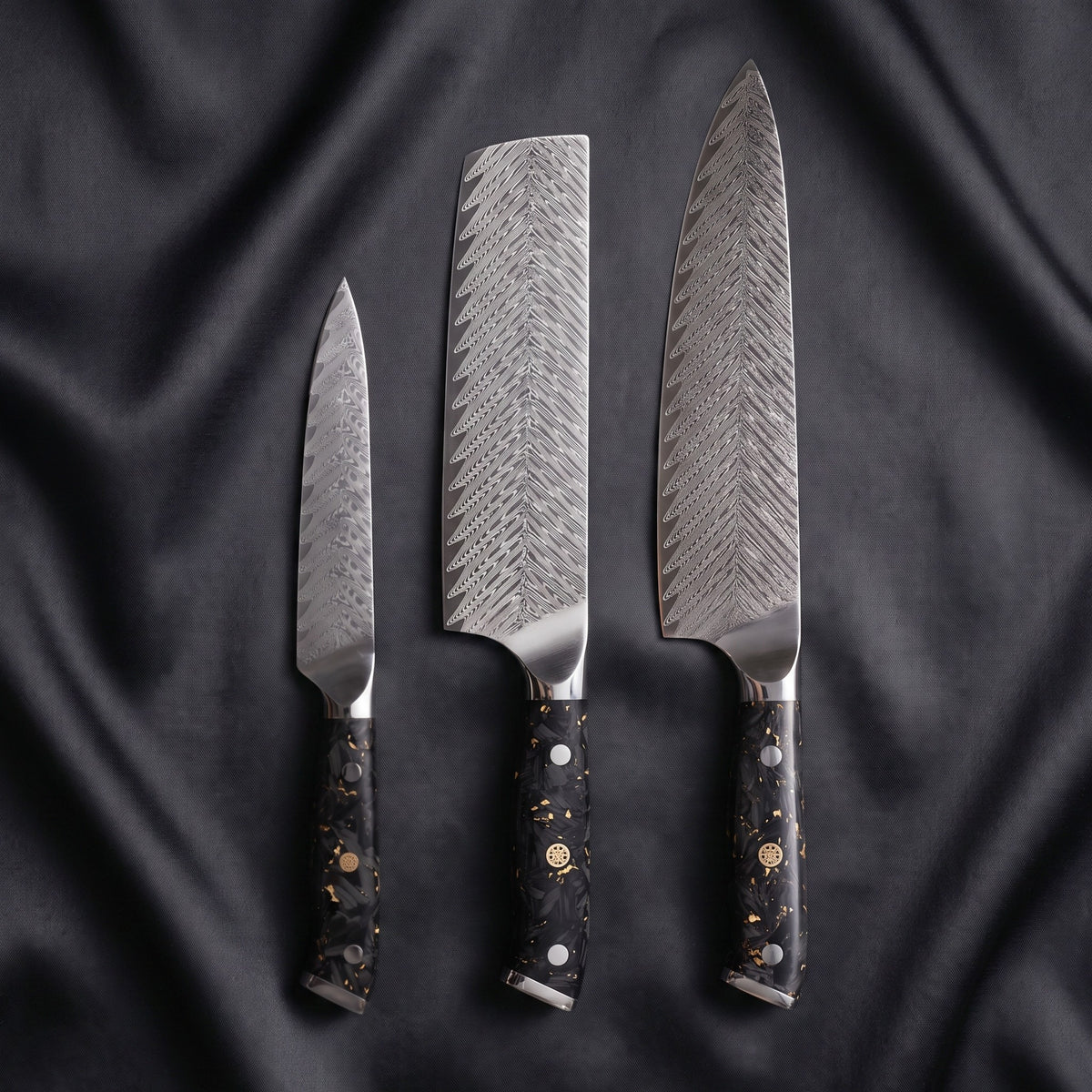 Kinpaku Knife Trio (Gyuto, Nakiri & Utility) · the full set on black silk