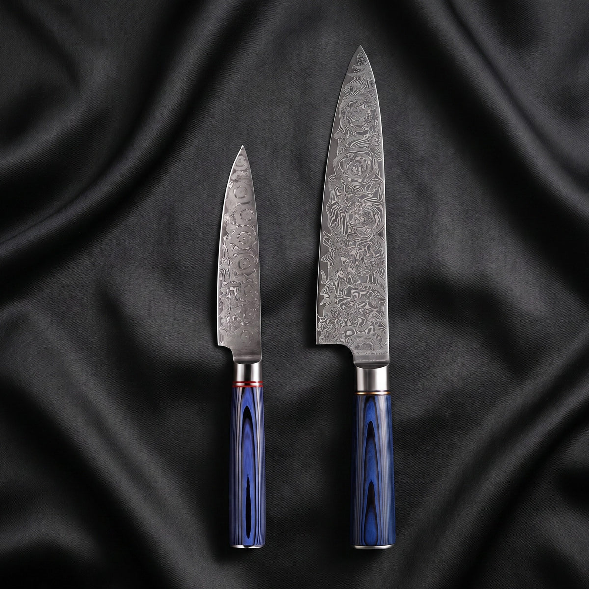 Aizome Knife Duo (Gyuto & Utility) · the full set on black silk