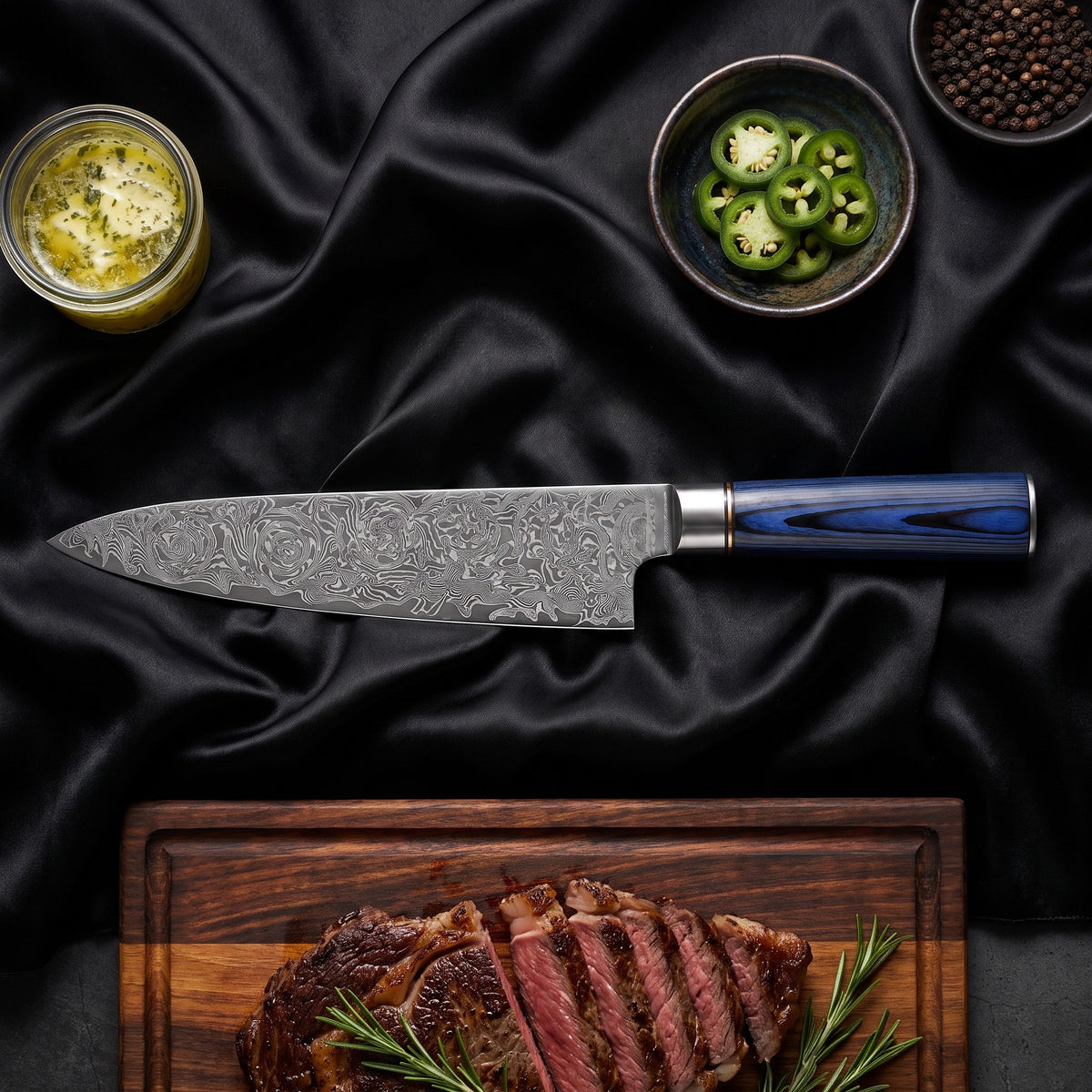 Aizome Knife Duo (Gyuto & Utility) · Gyuto Chef Knife on the cutting board
