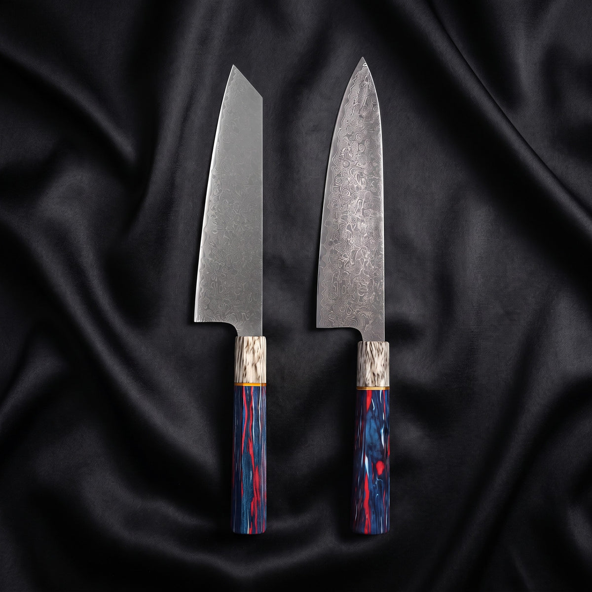 Hanabi Knife Duo (Gyuto & Kiritsuke) · the full set on black silk