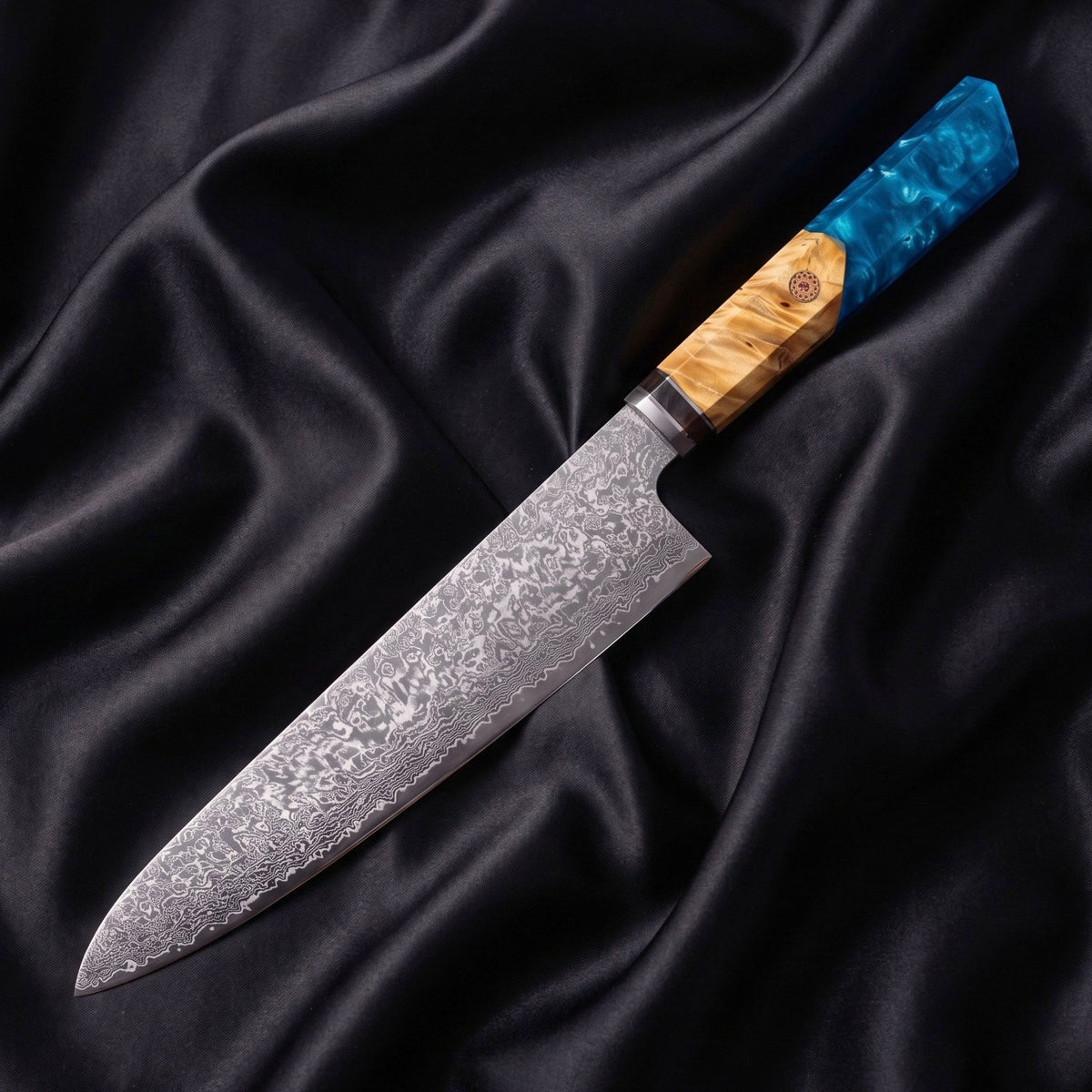 Kawasemi 9 in Gyuto Chef Knife · full blade on black silk