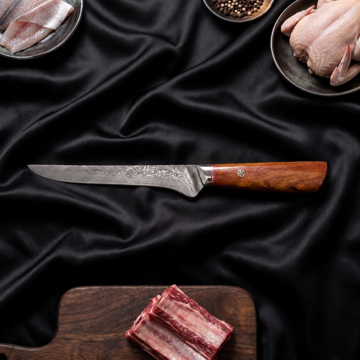Kasane 7-Piece Knife Set · Honesuki Boning Knife on the cutting board