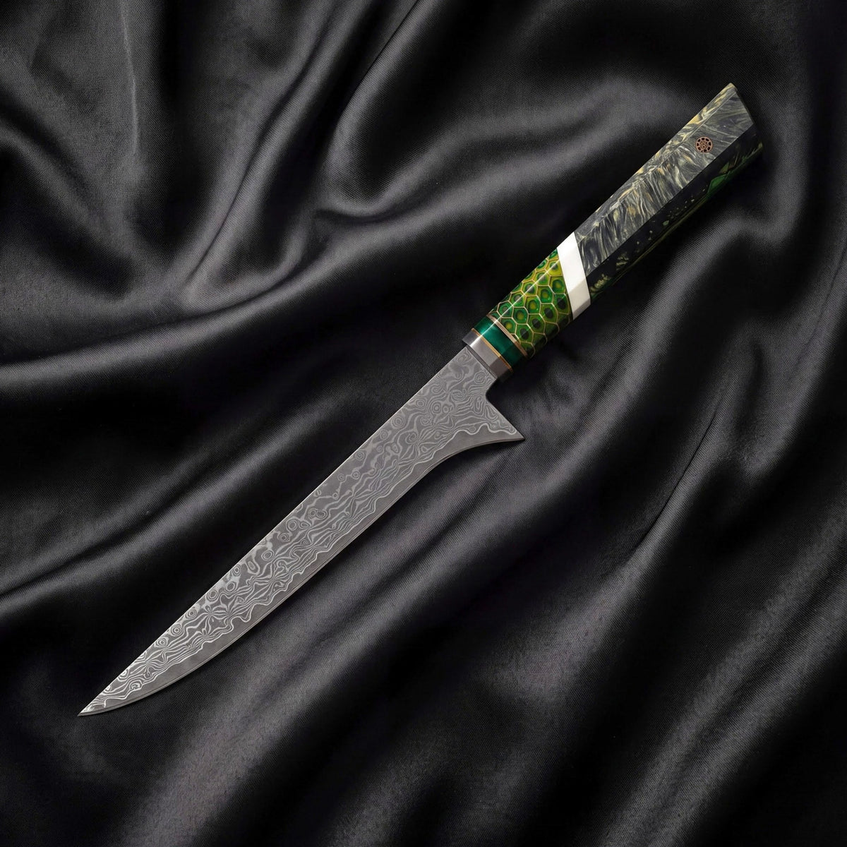 Wakaba Honesuki Boning Knife · full blade on black silk