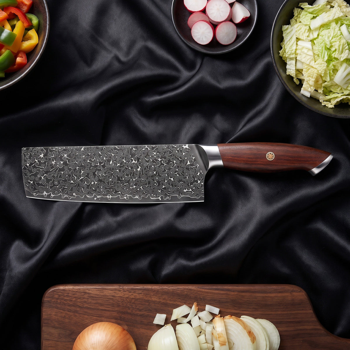 Yugure Knife Duo (Gyuto & Nakiri) · Nakiri Vegetable Knife on the cutting board
