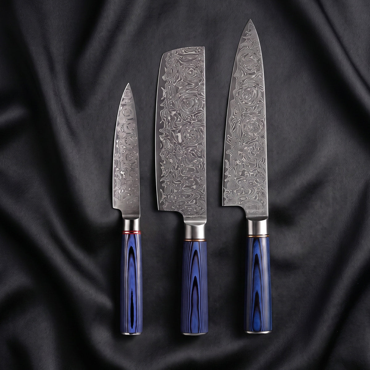 Aizome Knife Trio (Gyuto, Nakiri & Utility) · the full set on black silk