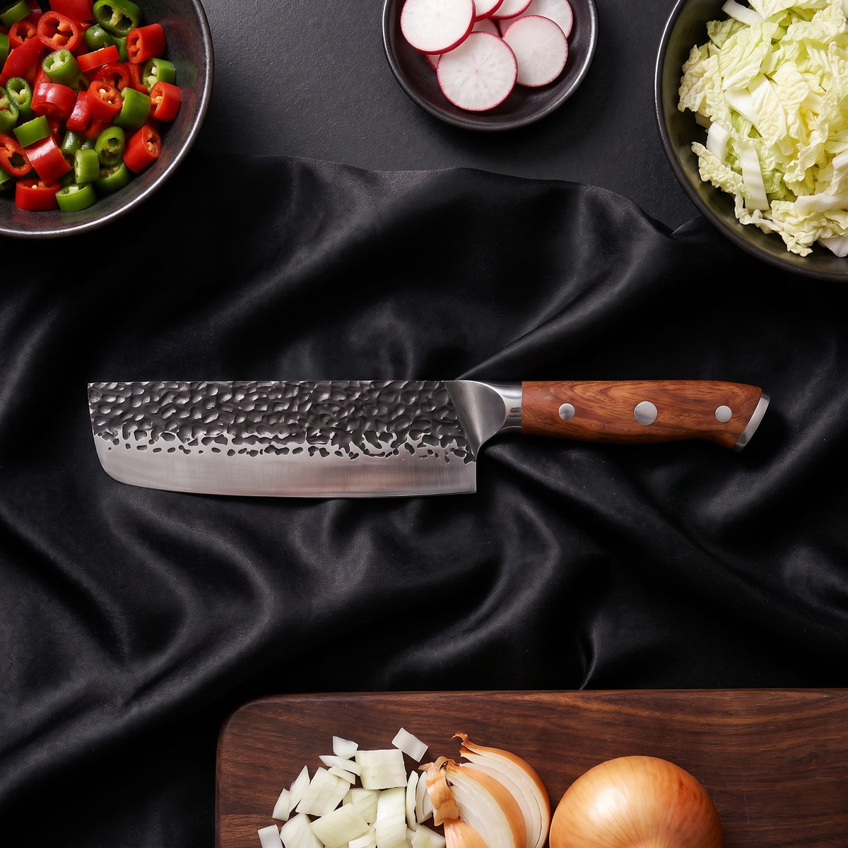 Kitae Nakiri Vegetable Knife · on the cutting board
