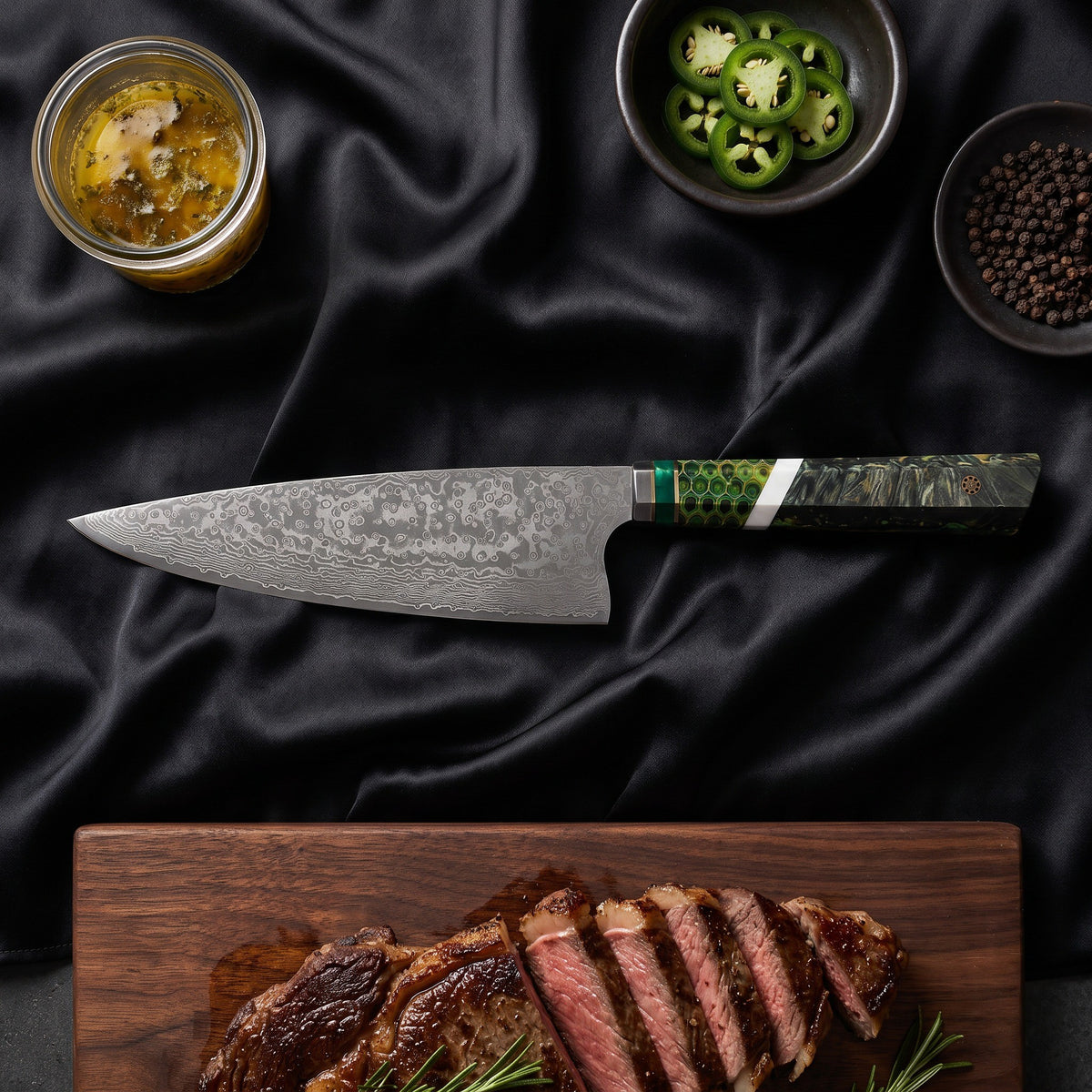 Wakaba Knife Trio (Gyuto, Nakiri & Utility) · Gyuto Chef Knife on the cutting board