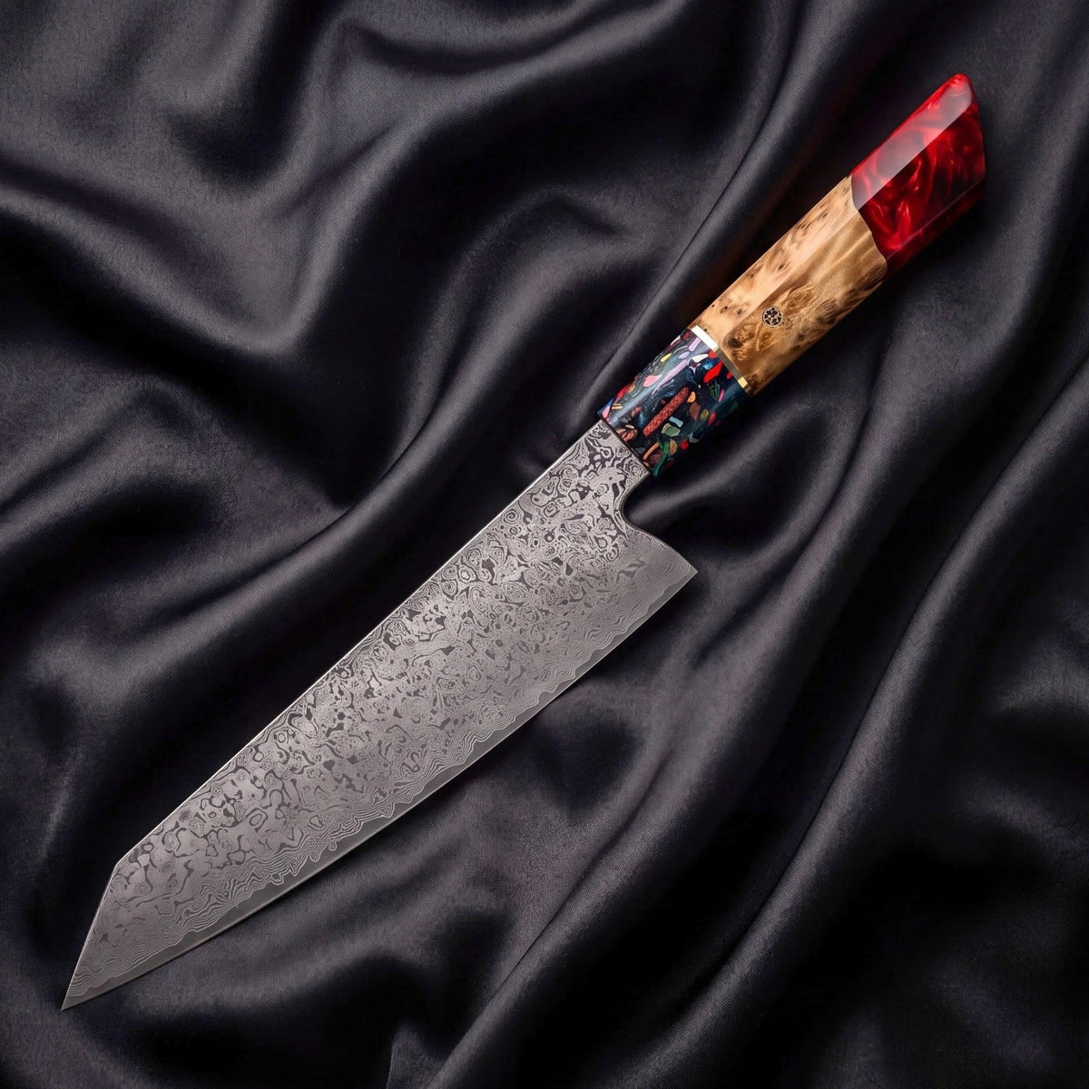 Saiun Kiritsuke Chef-Slicer Knife · full blade on black silk