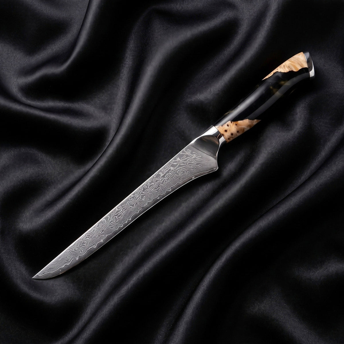 Yoizuki Honesuki Boning Knife · full blade on black silk