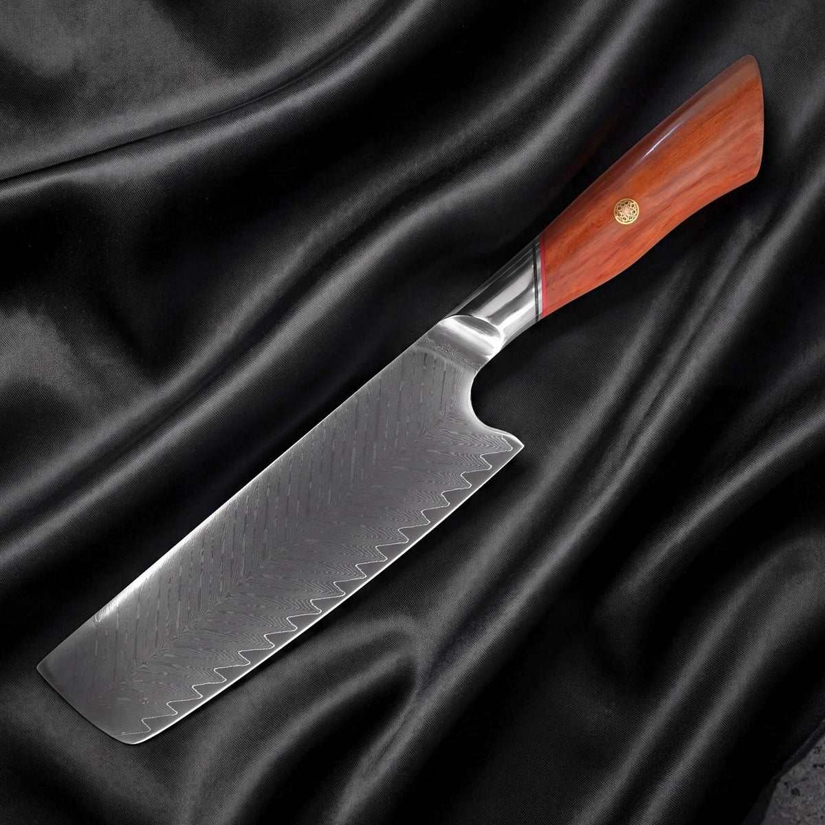 Takibi Nakiri Vegetable Knife · full blade on black silk