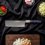 Hanabi Knife Duo (Gyuto & Nakiri) · Nakiri Vegetable Knife on the cutting board
