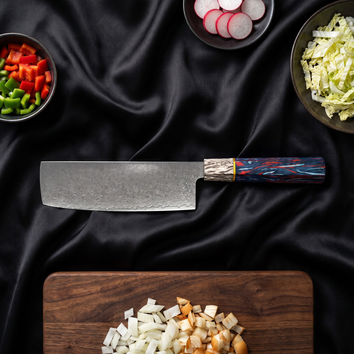 Hanabi 3-Piece Knife Set · Nakiri Vegetable Knife on the cutting board