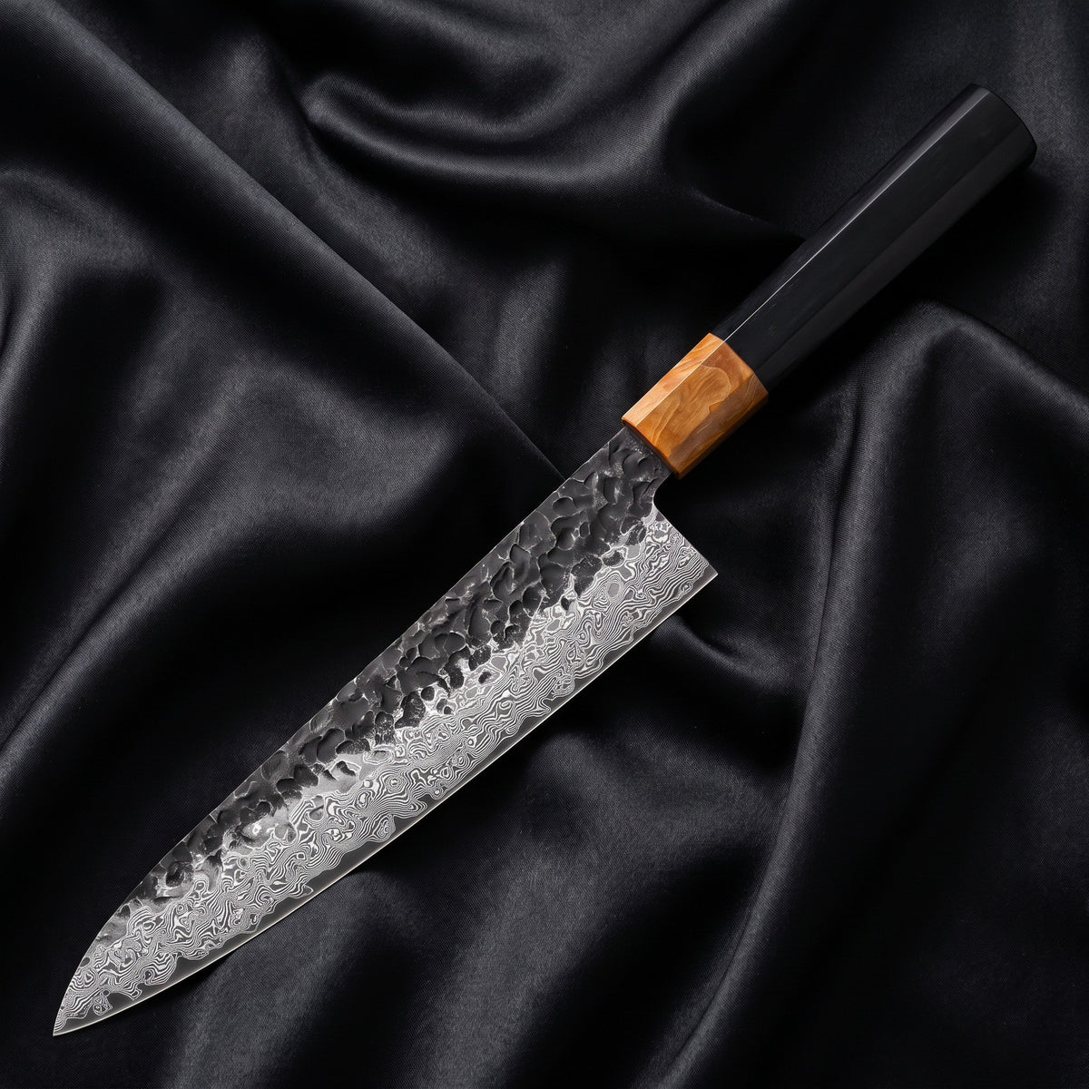 Sumie Gyuto Chef Knife · full blade on black silk