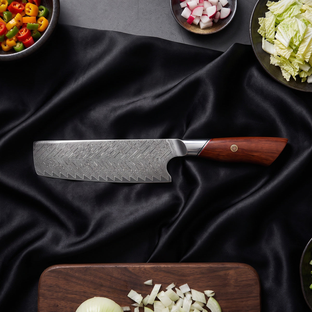 Takibi Knife Duo (Gyuto & Nakiri) · Nakiri Vegetable Knife on the cutting board