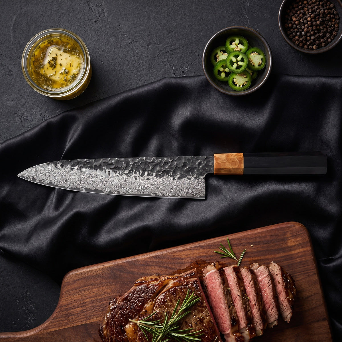 Sumie Knife Trio (Gyuto, Nakiri & Petty) · Gyuto Chef Knife on the cutting board