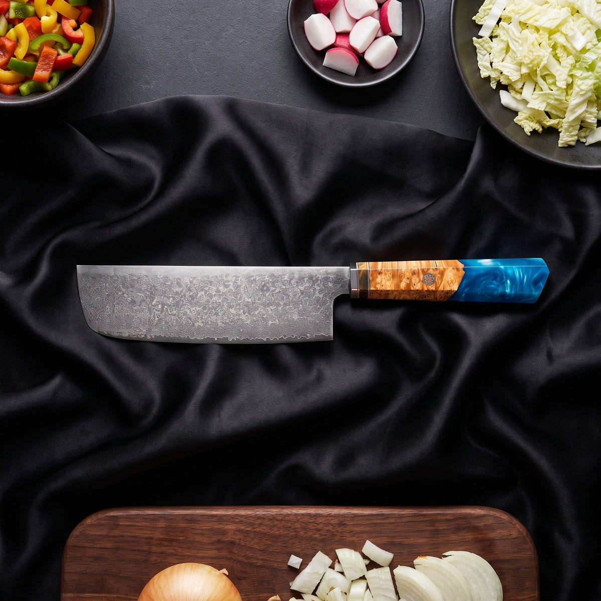 Kawasemi Knife Trio (Gyuto, Nakiri & Utility) · Nakiri Vegetable Knife on the cutting board