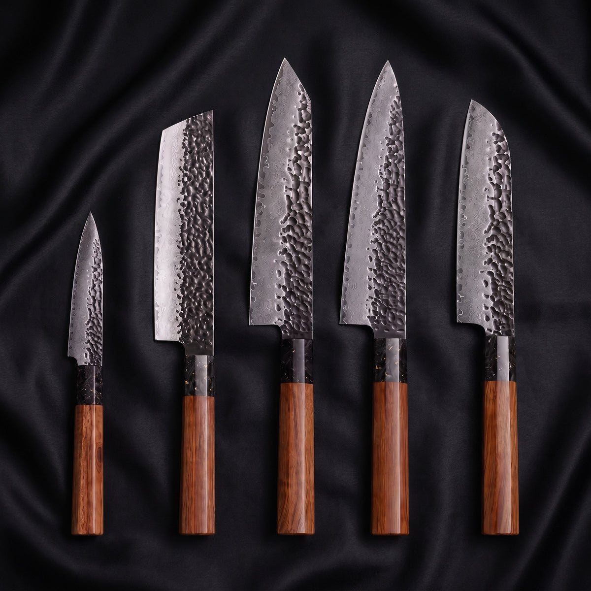 Kurumi 5-Piece Knife Set · the full set on black silk