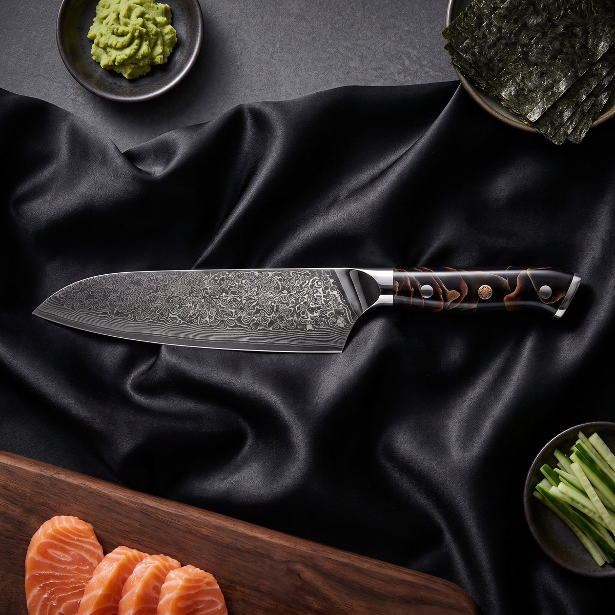 Iwao Santoku All-Purpose Knife · on the cutting board