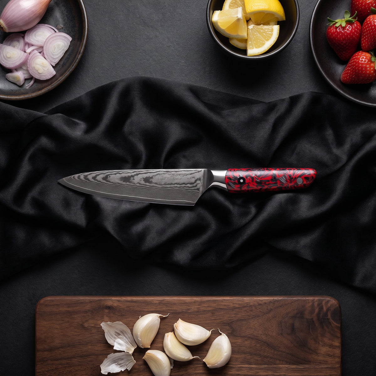Shuiro Knife Duo (Gyuto & Utility) · Utility Knife on the cutting board