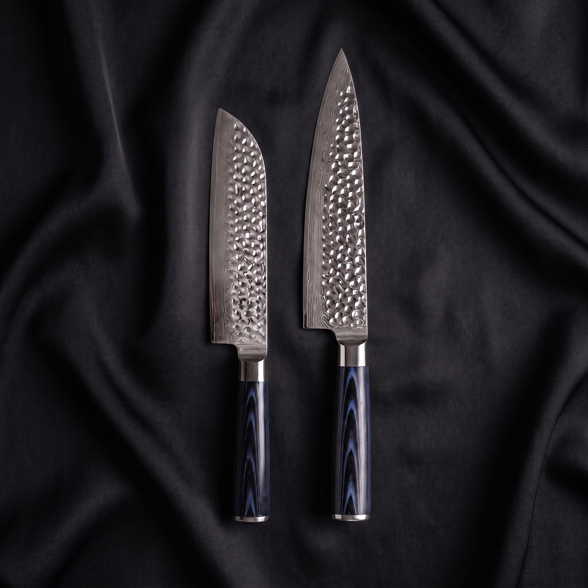Konpeki Knife Duo (Gyuto & Santoku) · the full set on black silk