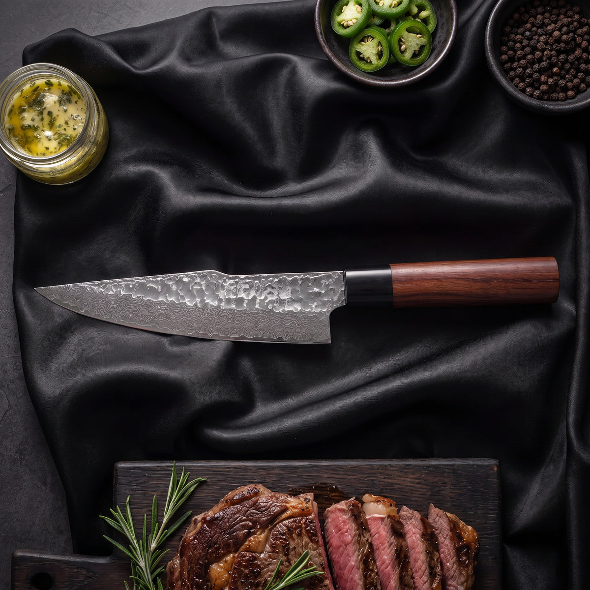 Tsubaki 3-Piece Knife Set · Gyuto Chef Knife on the cutting board