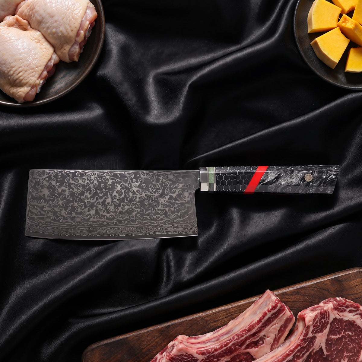 Enji 9-Piece Knife Set · Vegetable Cleaver Knife on the cutting board