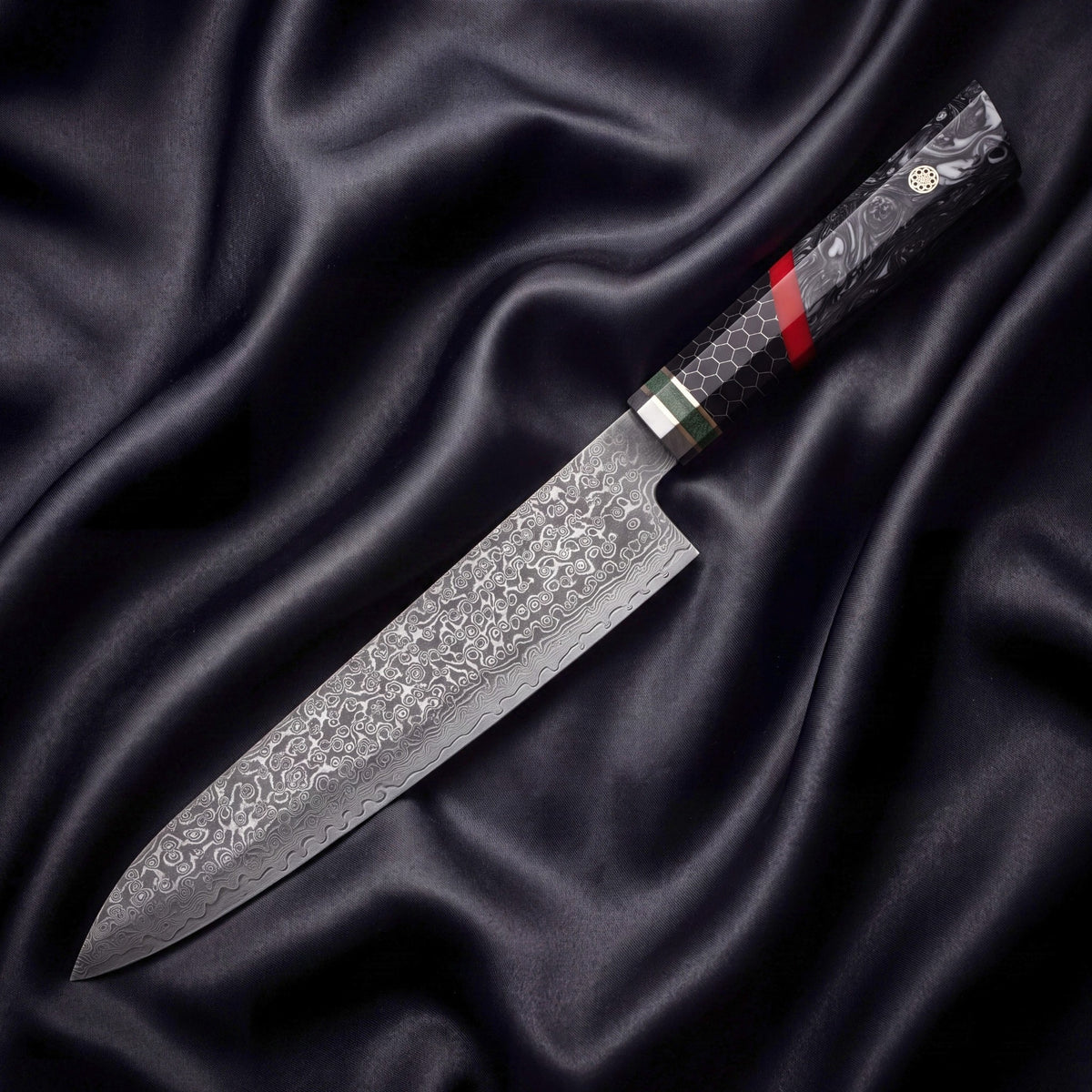 Hibana Gyuto Chef Knife · full blade on black silk
