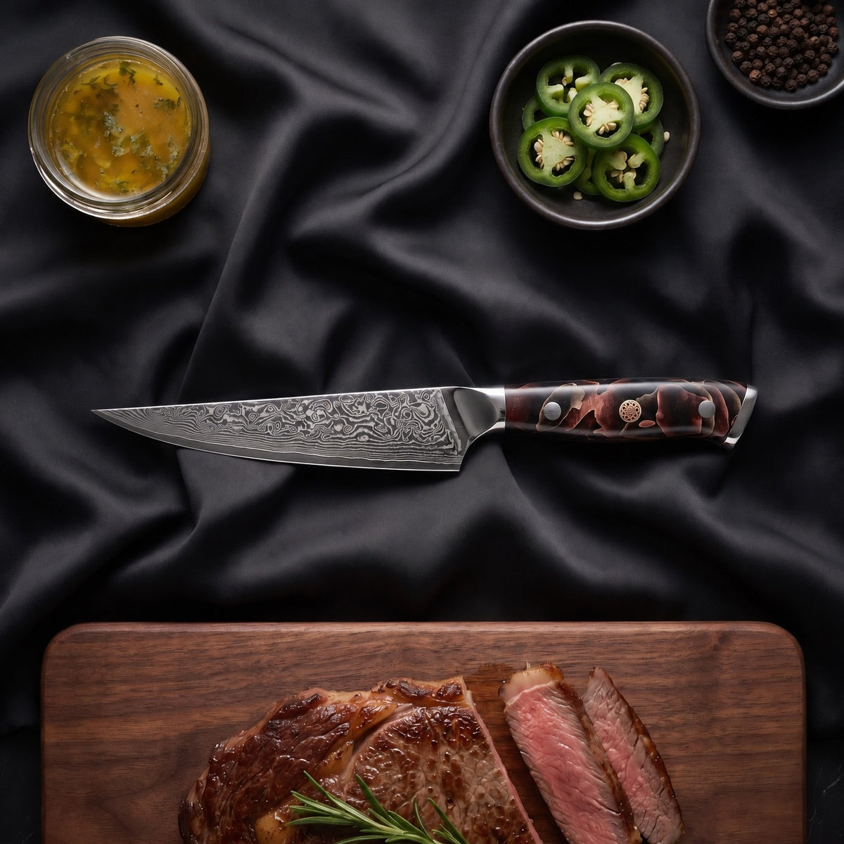Iwao Steak Knife · on the cutting board
