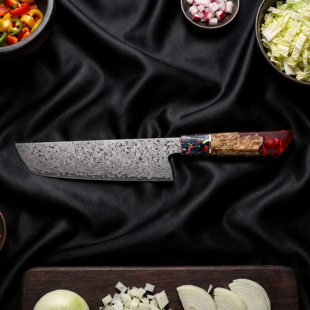 Saiun Knife Trio (Gyuto, Nakiri & Utility) · Nakiri Vegetable Knife on the cutting board