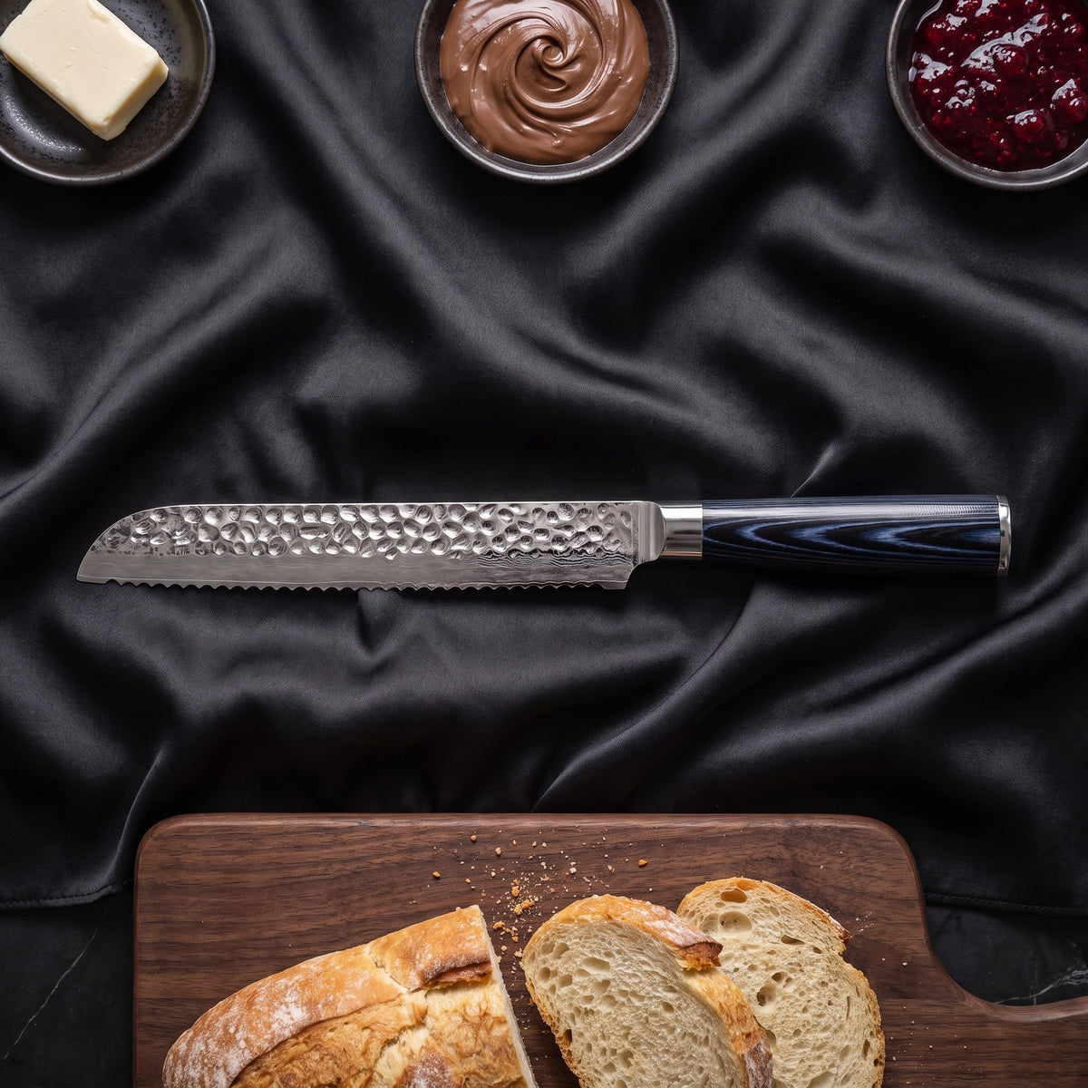 Konpeki 5-Piece Knife Set · Bread Knife on the cutting board