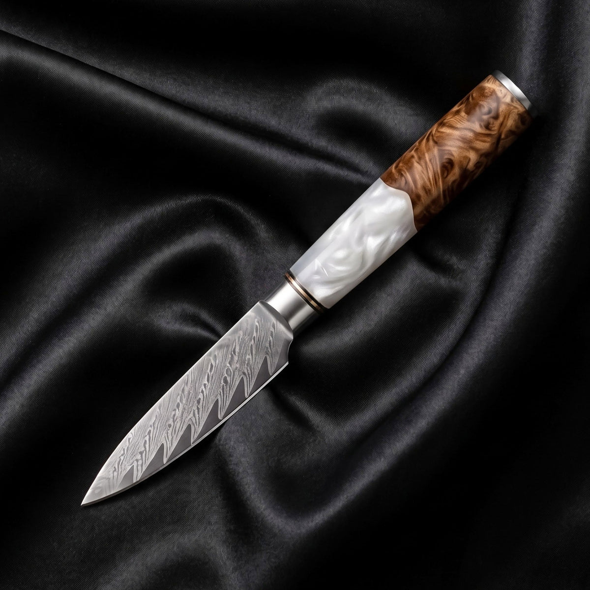 Shinju Paring Knife · full blade on black silk