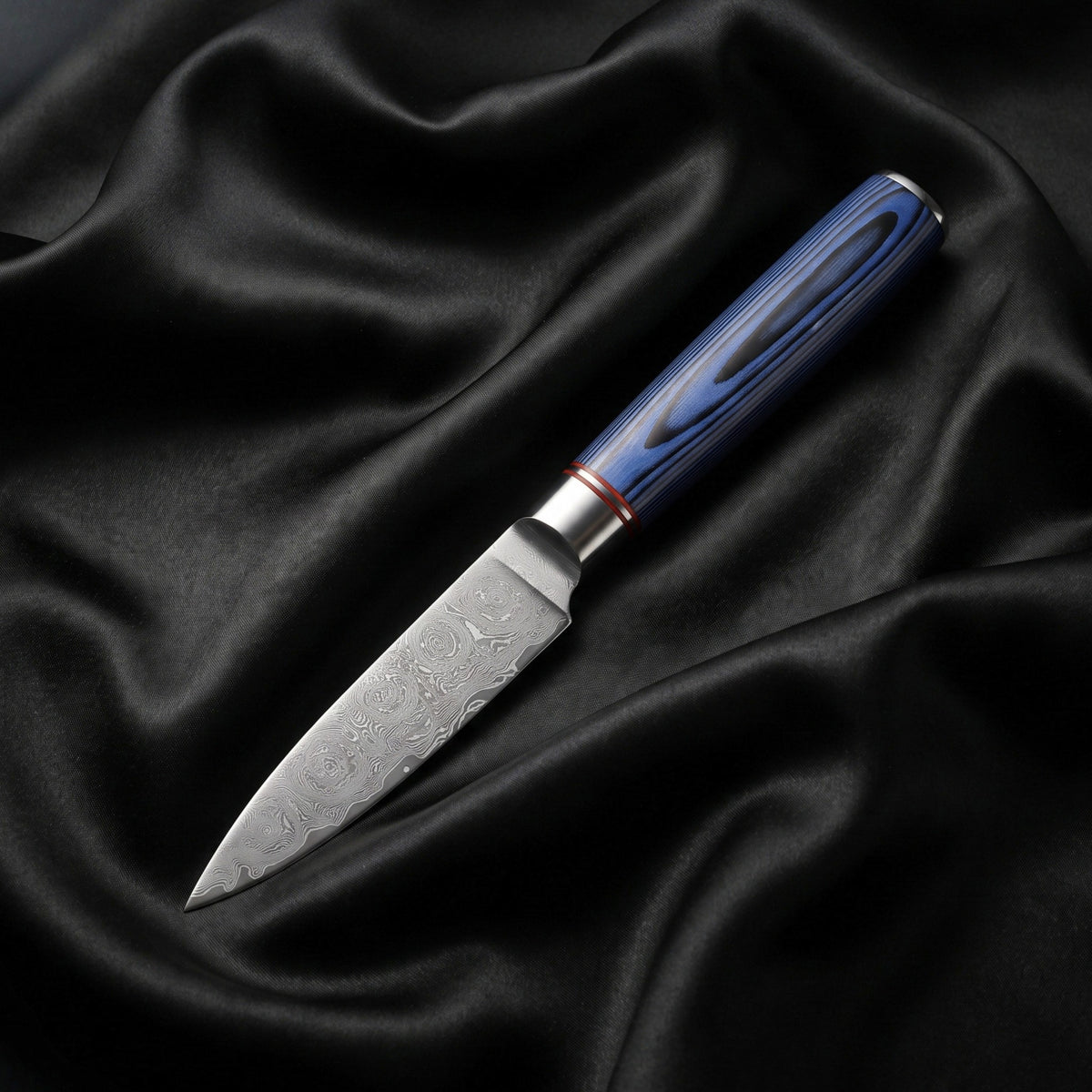 Aizome Paring Knife · full blade on black silk