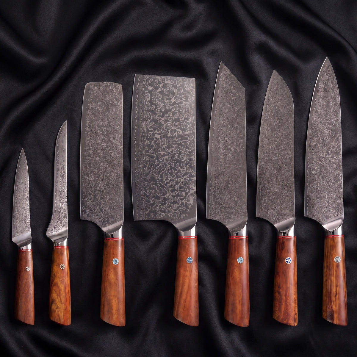 Kasane 7-Piece Knife Set · the full set on black silk