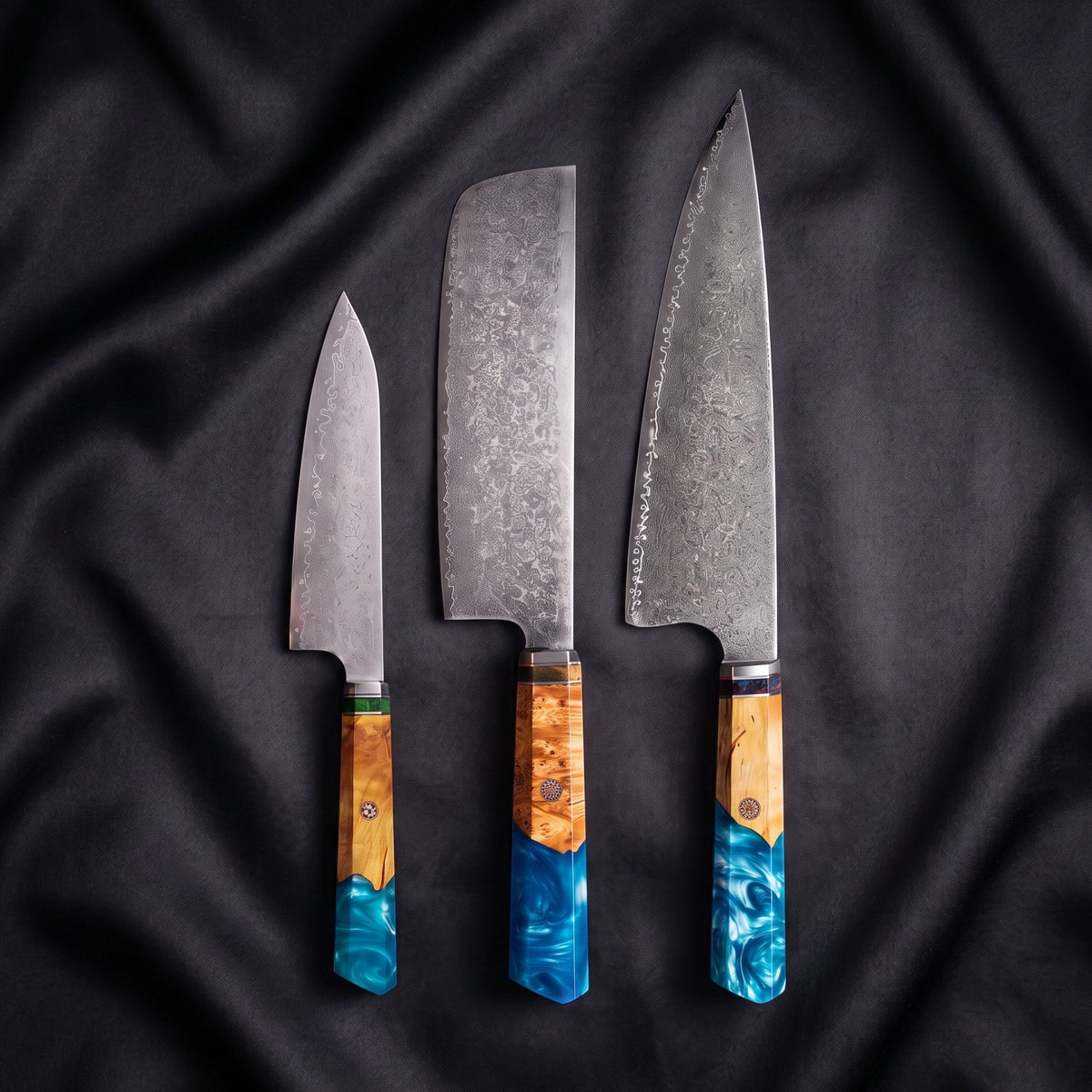 Kawasemi Knife Trio (Gyuto, Nakiri & Utility) · the full set on black silk