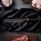 Seiji 5-Piece Knife Set · Sujihiki Slicing Knife on the cutting board