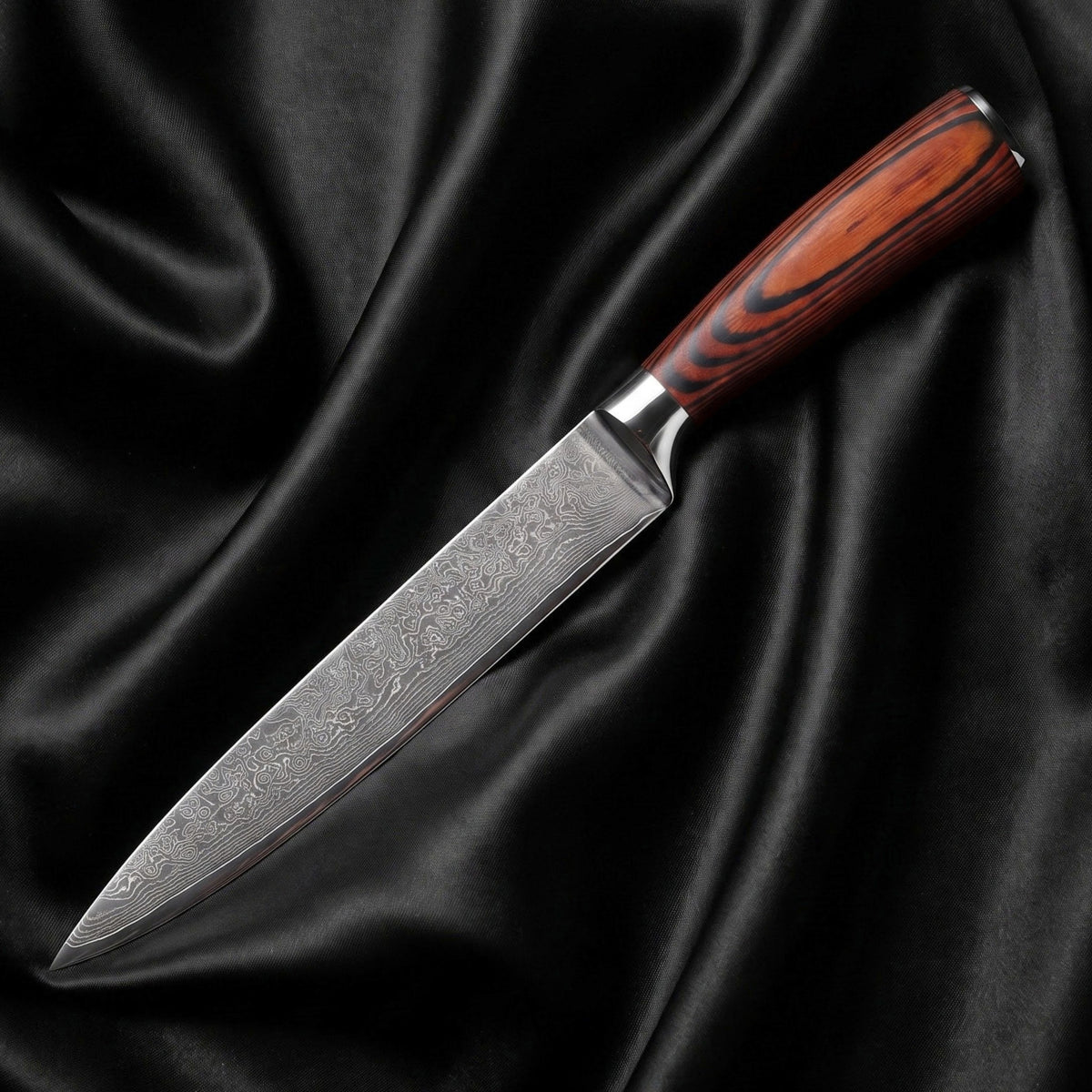 Yuhi Sujihiki Slicing Knife · full blade on black silk