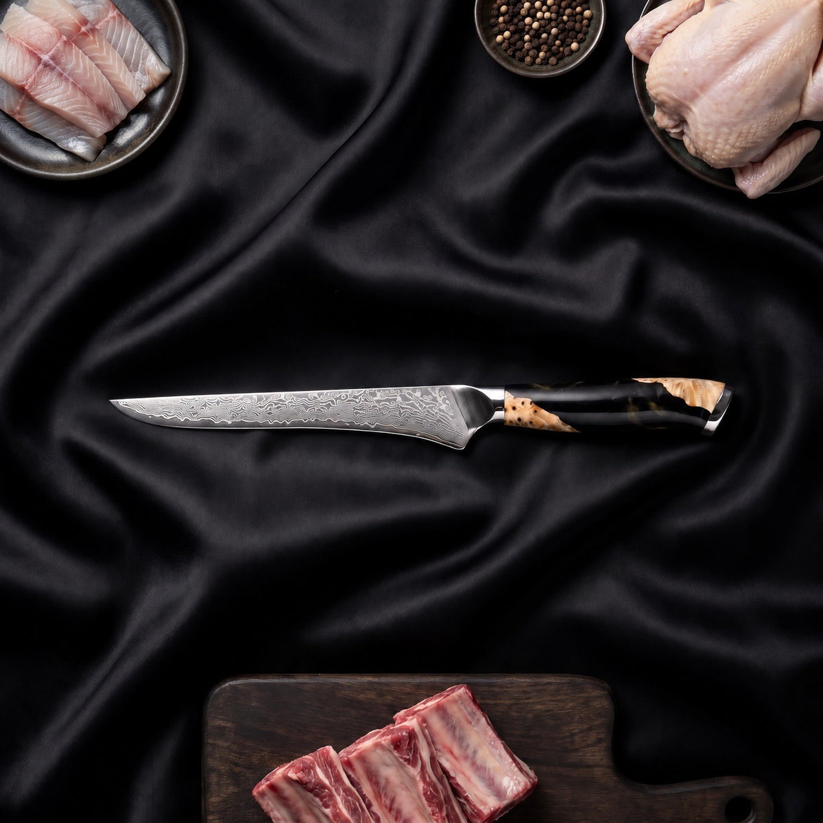 Yoizuki 6-Piece Knife Set · Honesuki Boning Knife on the cutting board