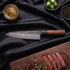 Kurumi 5-Piece Knife Set · Gyuto Chef Knife on the cutting board