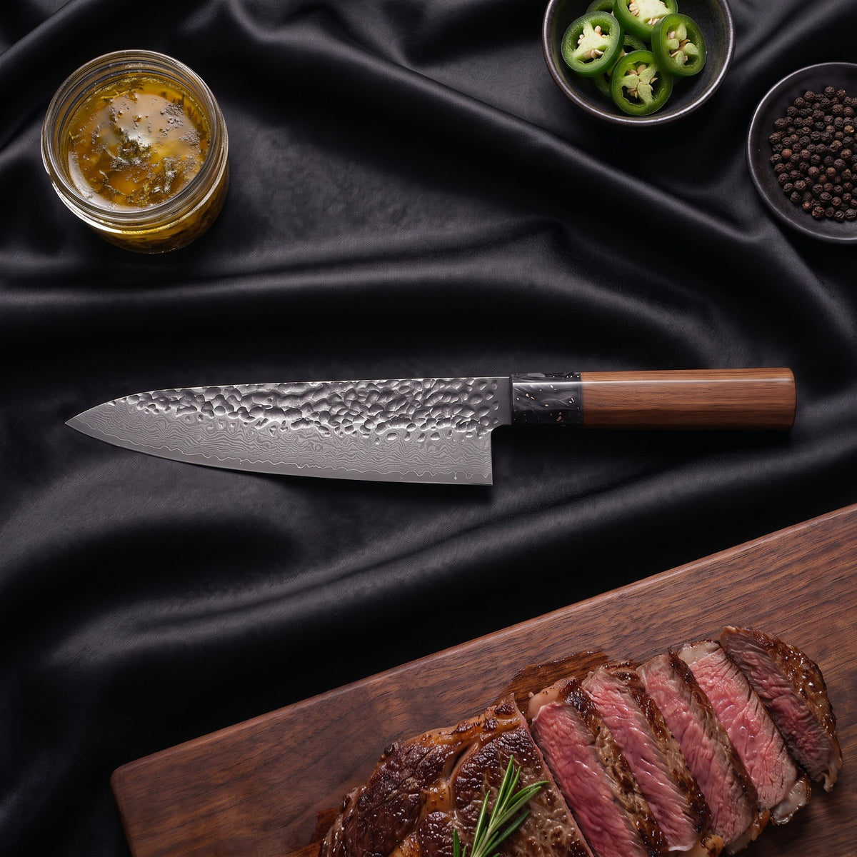 Kurumi 5-Piece Knife Set · Gyuto Chef Knife on the cutting board