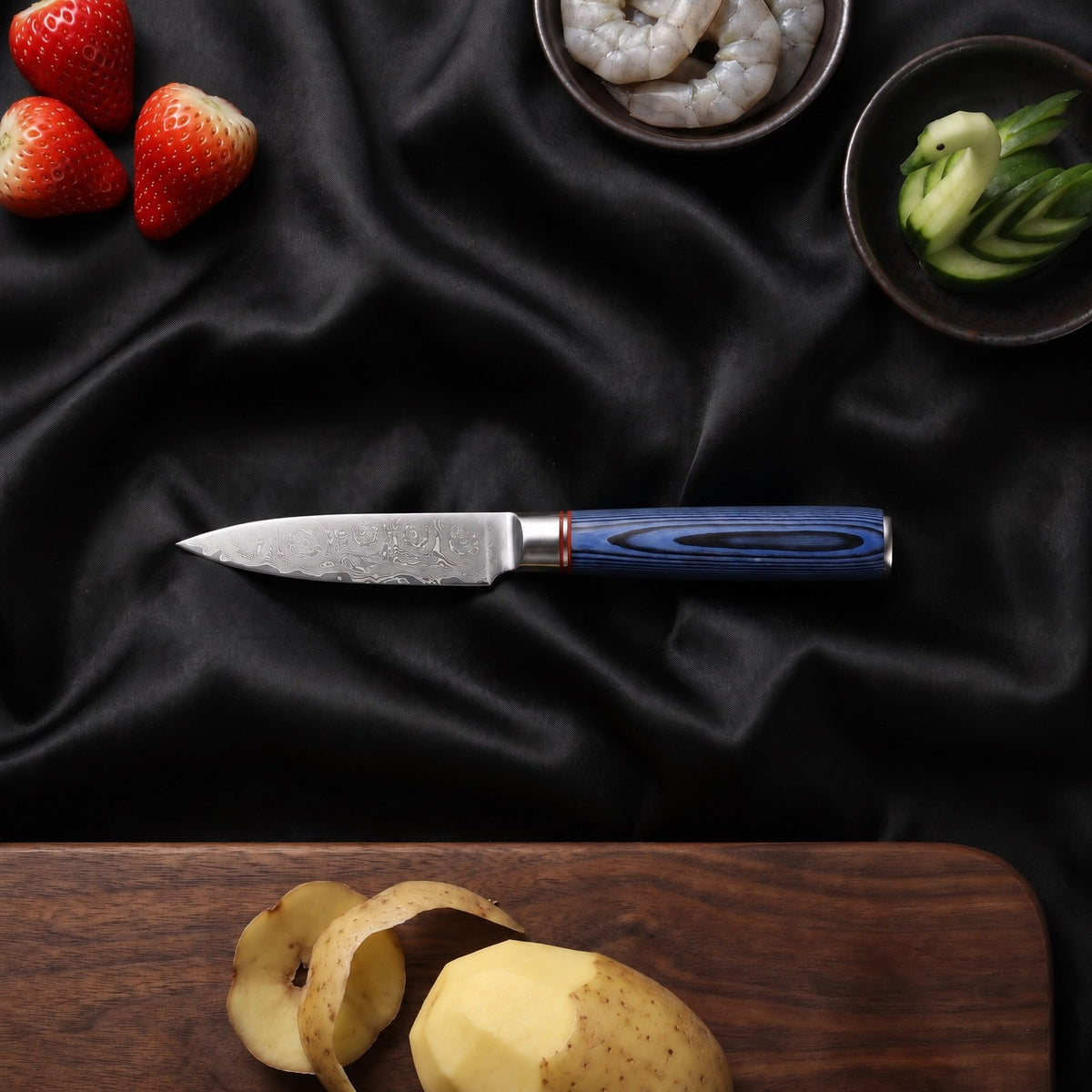 Aizome Paring Knife · on the cutting board