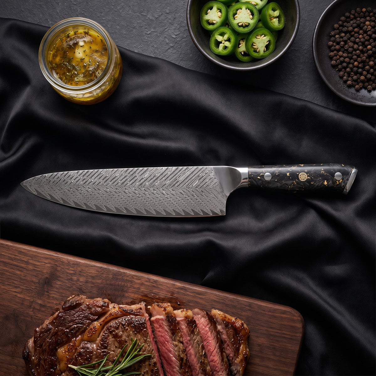 Kinpaku Knife Duo (Gyuto & Utility) · Gyuto Chef Knife on the cutting board
